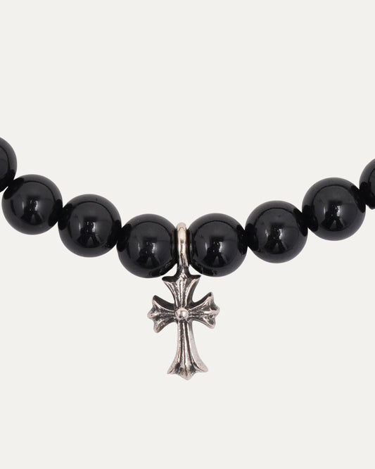 Small Cross Multi Charm Onyx Bead Bracelet