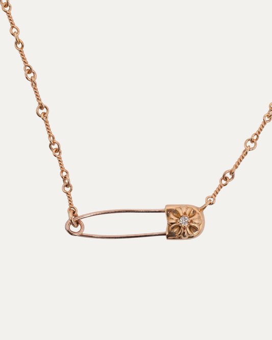 Gold Diamond Safety Pin Twist Chain Necklace