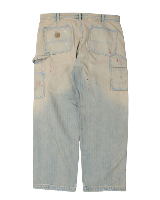 Straight Leg Paint-Splattered Distressed Herringbone Jeans