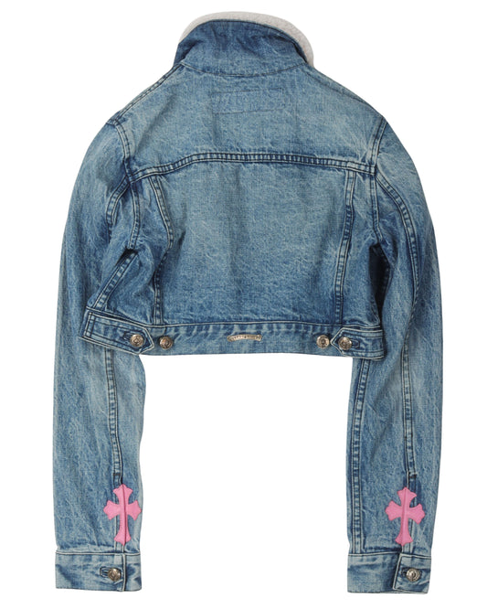 Cropped Shearling Denim Cross Patch Jacket