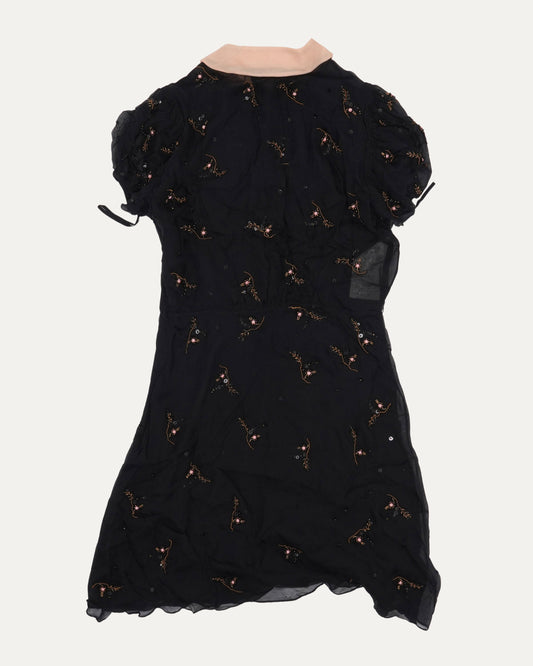 Bead Embellished Contrast Collar Silk Dress