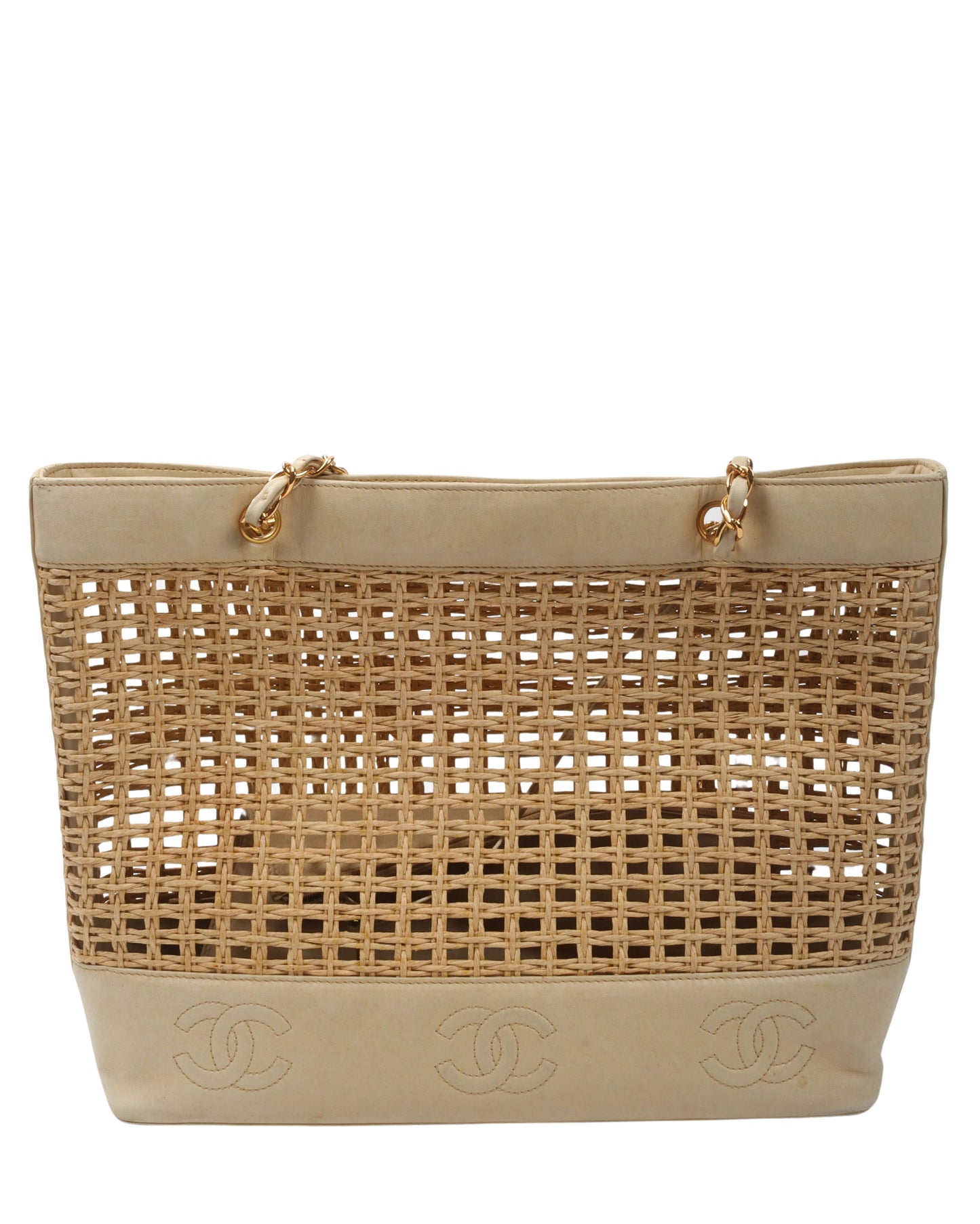 Lambskin and Woven Raphia Logo Tote