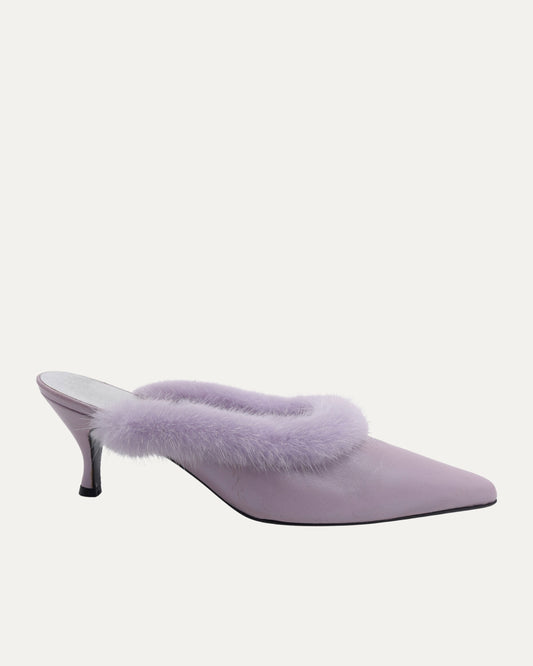 Fur Trimmed Lavender Kitten Heel Mules