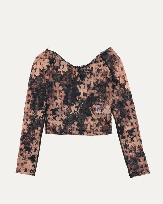 Waterfall Cross Patch Print Mesh Long Sleeve Top