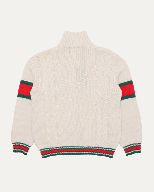 Striped Cable Knit Wool Zip Up Cardigan