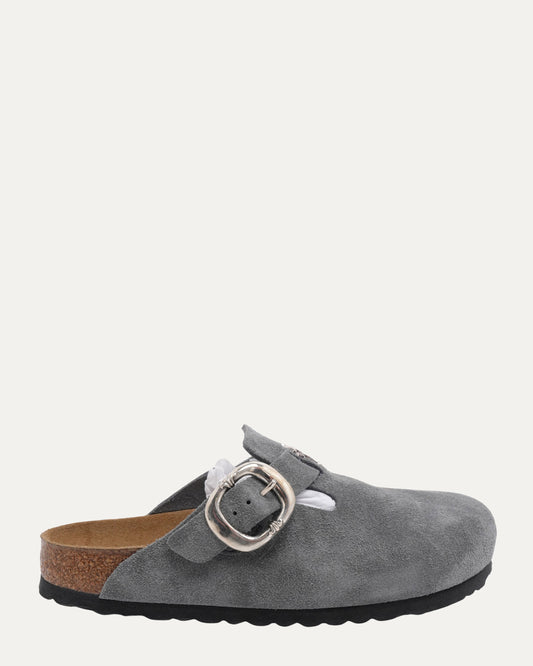 Cross Embellished Birkenstock Boston Suede Mule