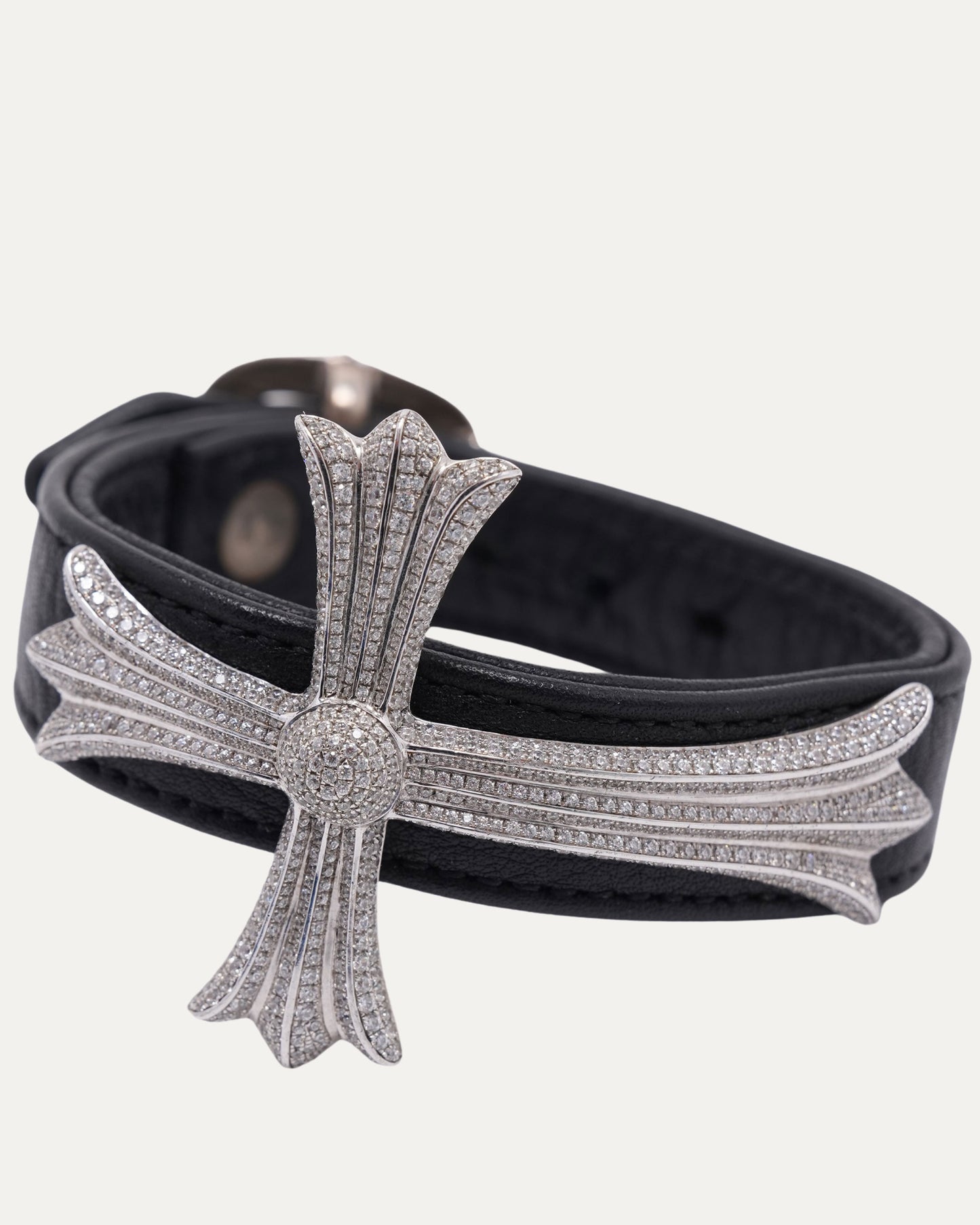Pave Diamond Silver Cross and Leather Gunslinger Bracelet