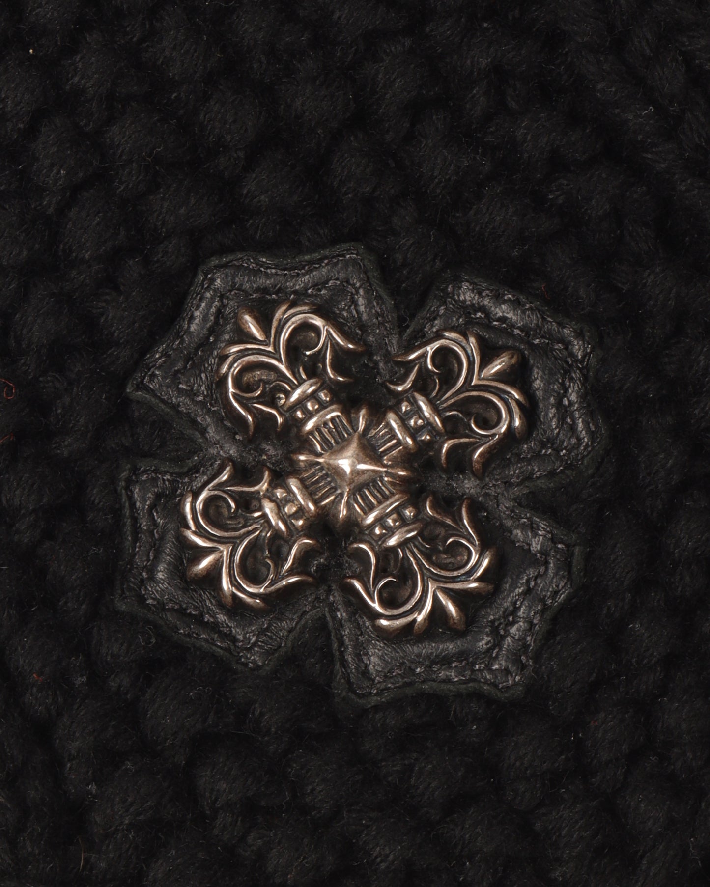 Silver & Leather Cross Embellished Pom Pom Beanie