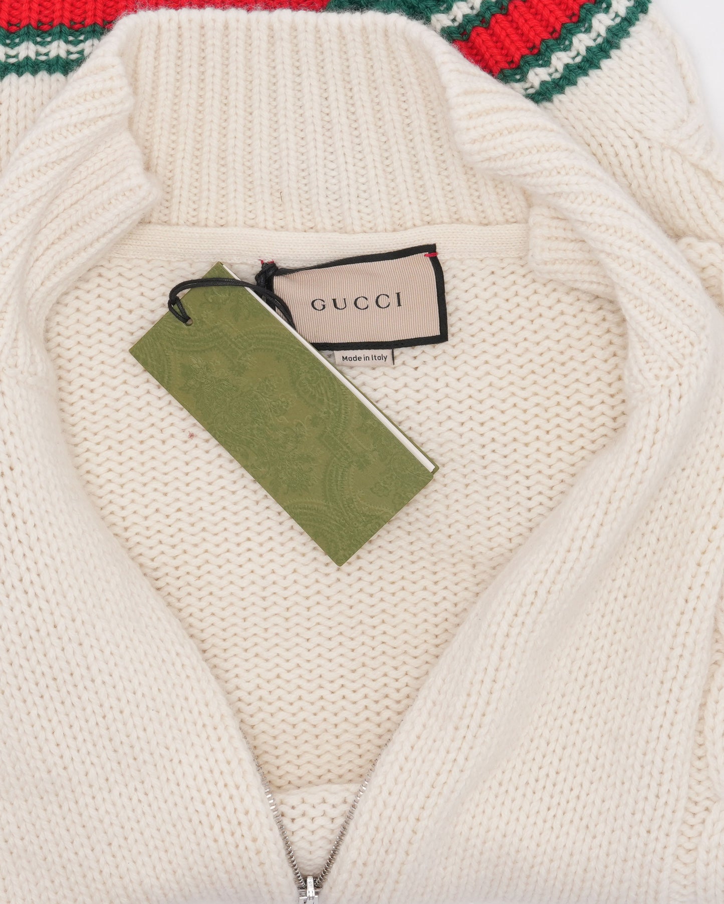 Striped Cable Knit Wool Zip Up Cardigan