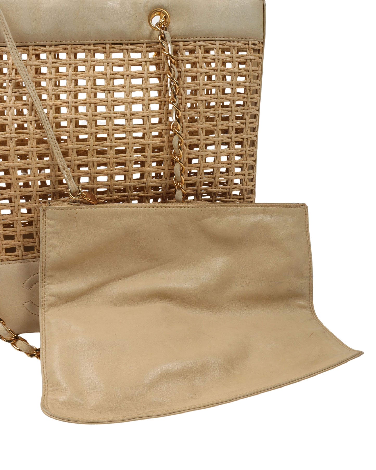 Lambskin and Woven Raphia Logo Tote