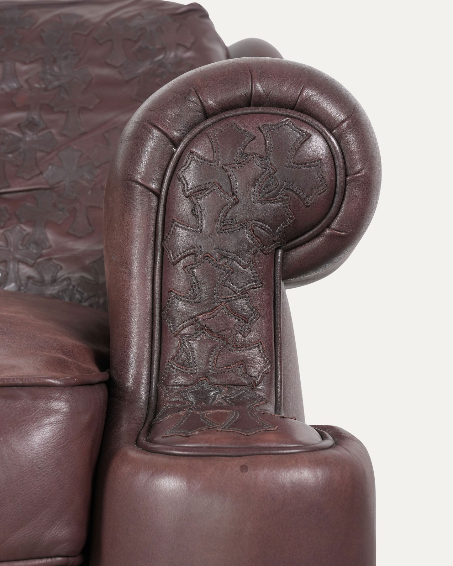 Leather & Ebony Wood Cross Patch Sofa