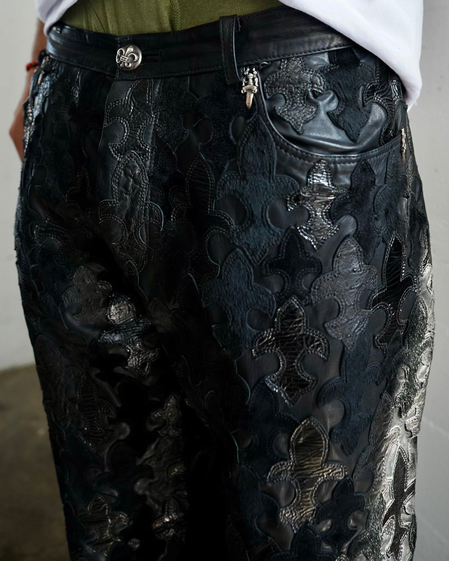 Full Leather Fleur De Lis Patch Jeans