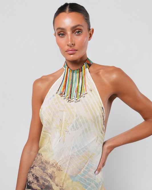 SS 2002 Silk Lion Dress with Beaded Choker Neck