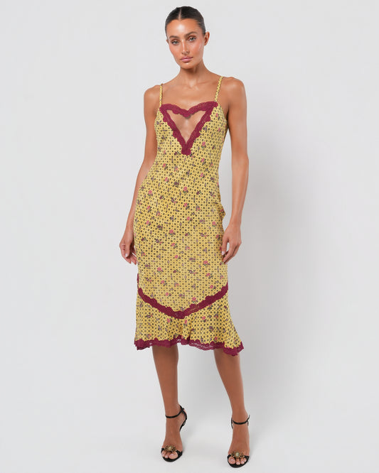 SS 1998 Silk Floral Runway Dress With Lace Detail