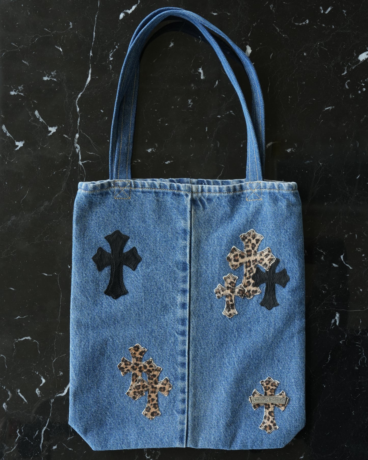 Denim Cross Patch Tote Bag