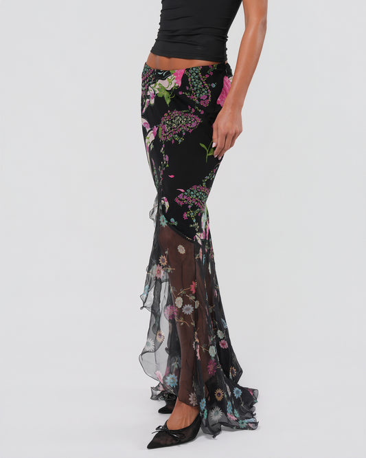 2000s Floral Silk Maxi Skirt With Train