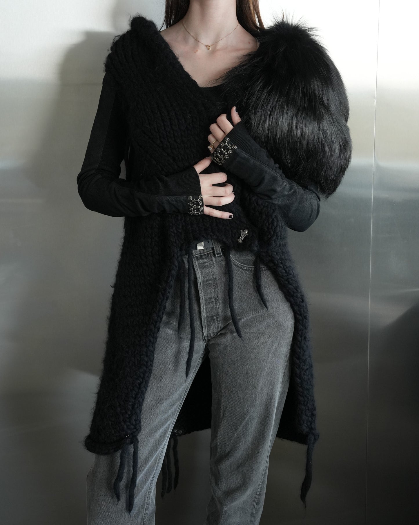 Rick Owens Fur Detail Silver Embellished Sweater