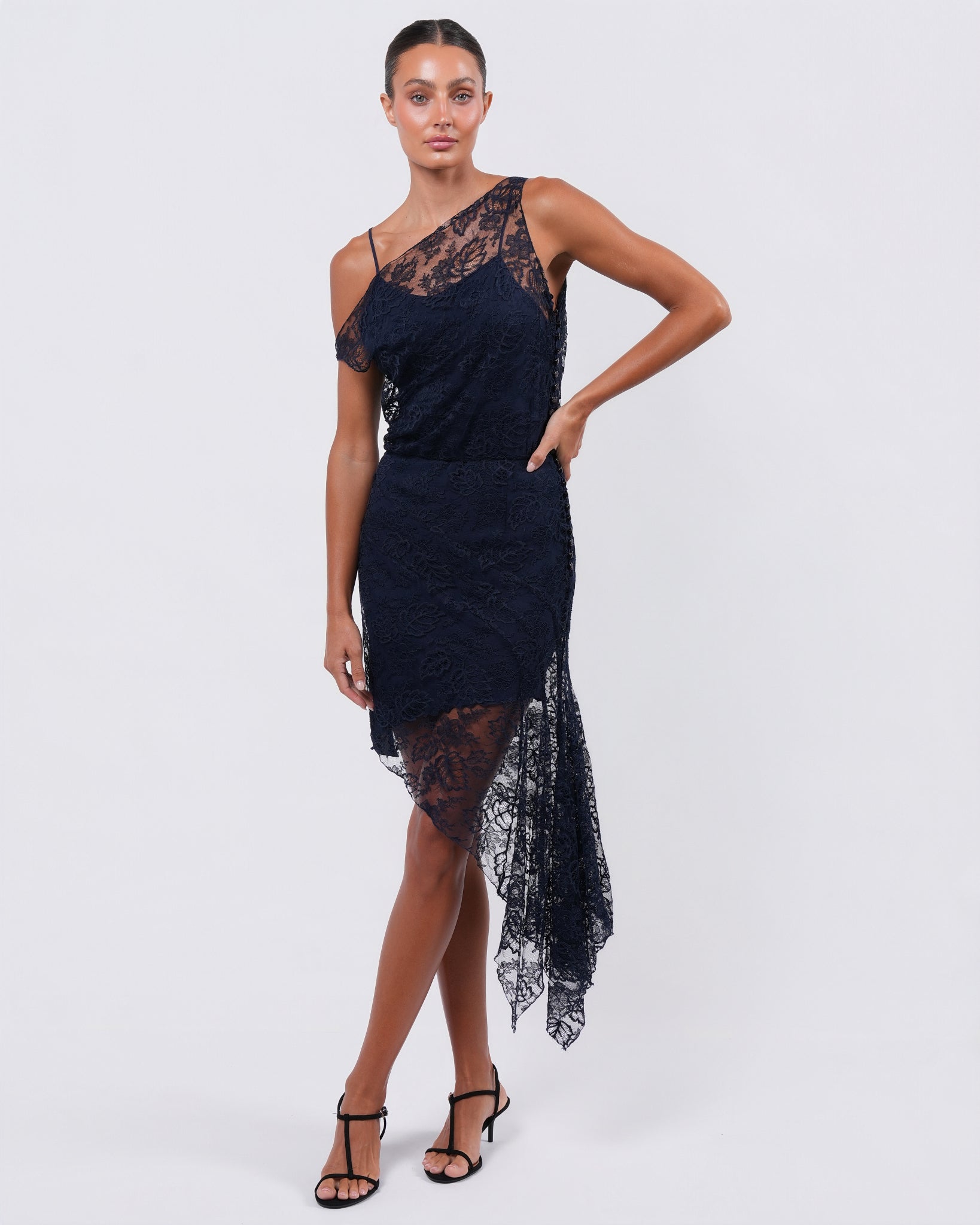 stella mccartney blue lace dress NWOT STELLA MCCARTNEY Navy Blue Lace Long Sleeve Ruffle Dress Size 40
