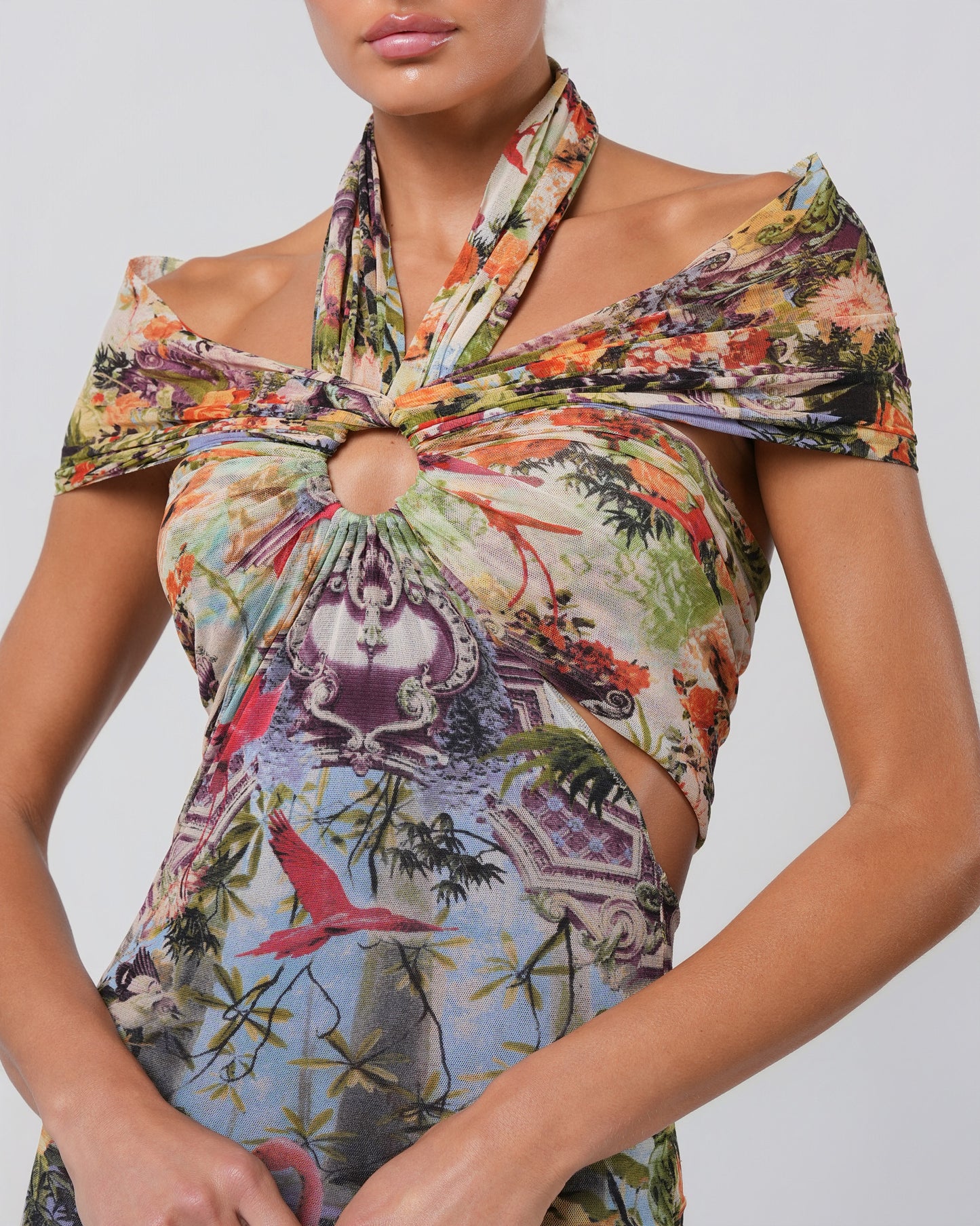 SS 1999 Tropical Print Mesh Cut-Out Gown