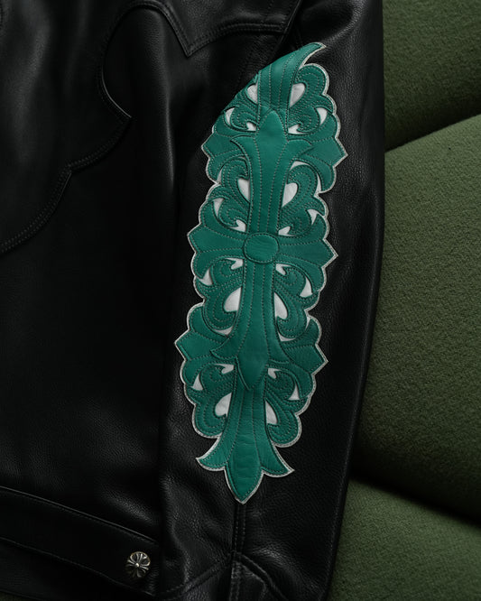 Floral Cross Patch Western Leather Jacket