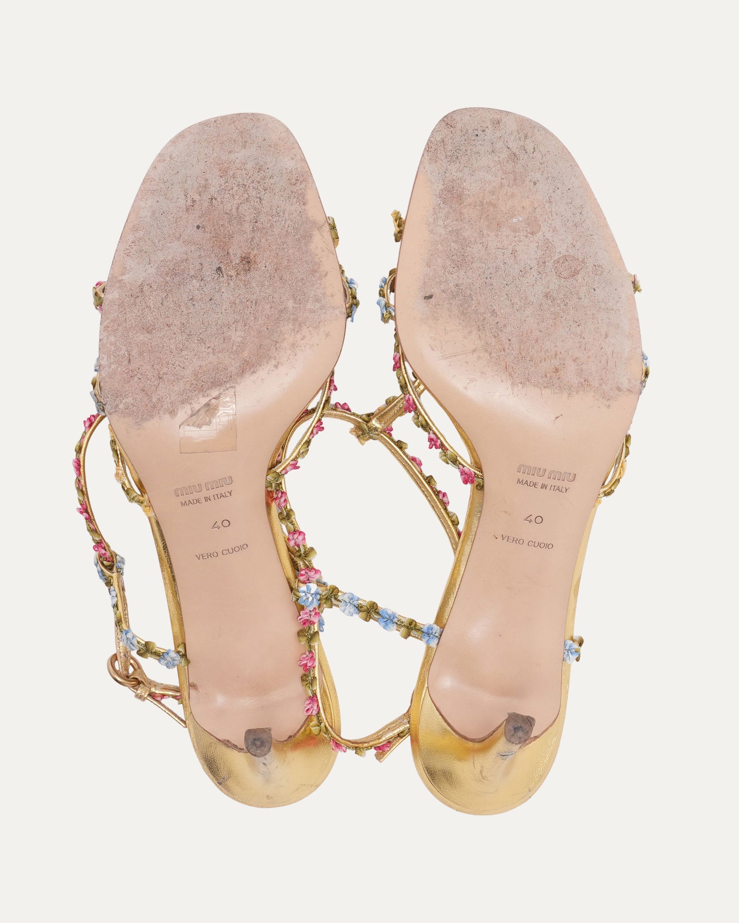 Gold Leather Heels with Floral Detail (c. 2004)