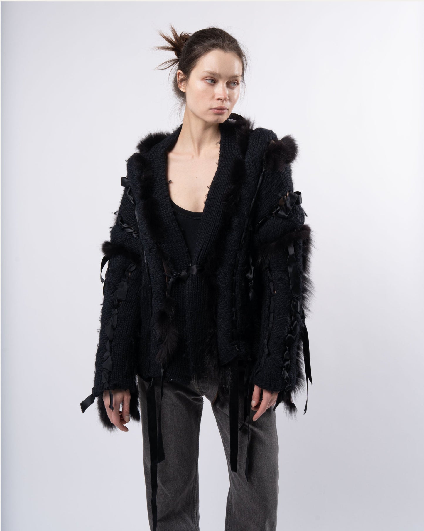 Iconic FW 2002 Fox Fur Black Wool Knit Cardigan