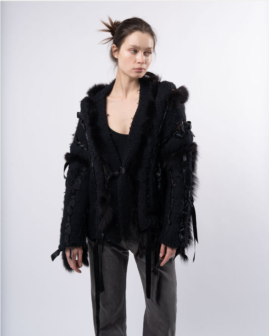 Iconic FW 2002 Fox Fur Black Wool Knit Cardigan