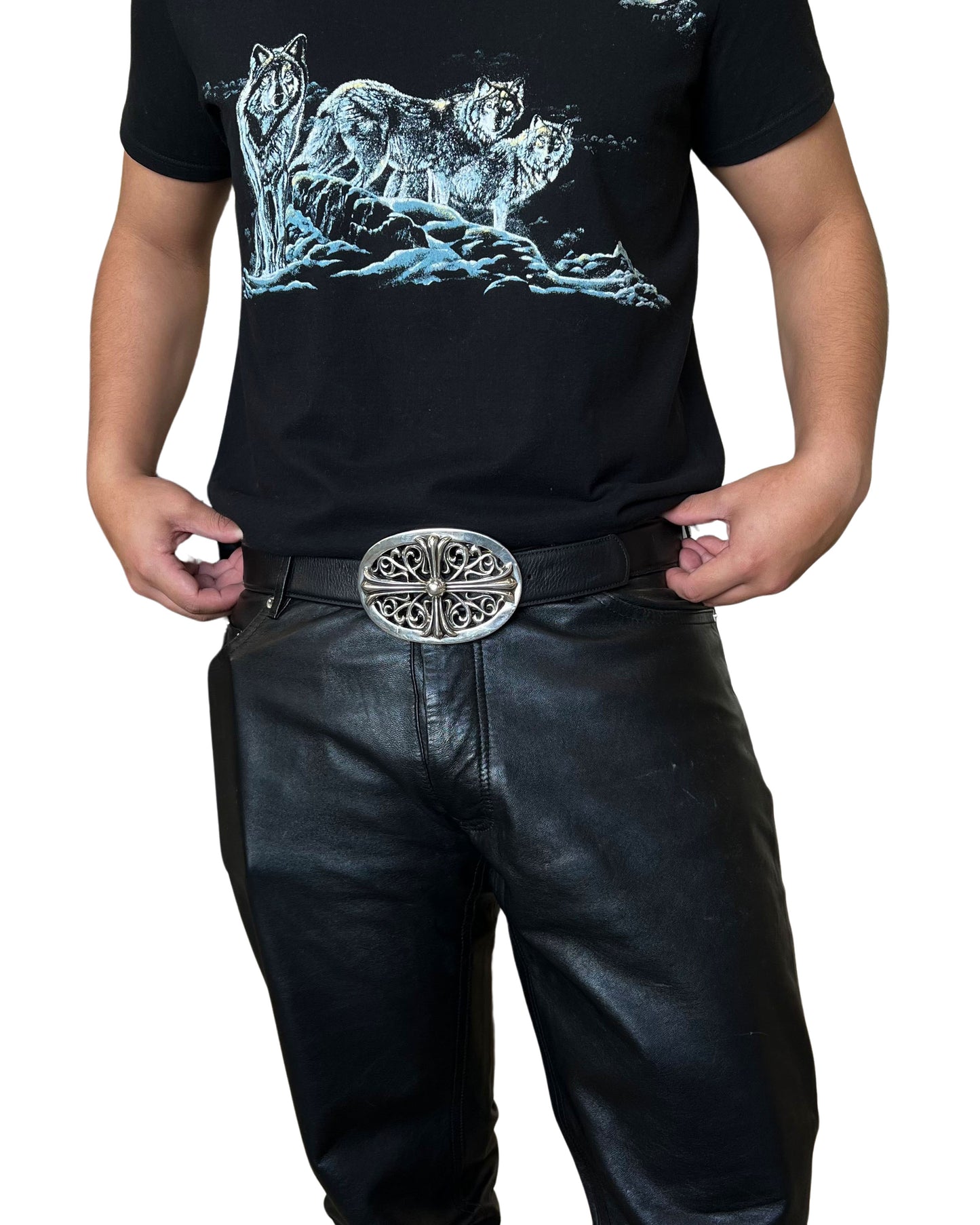 Leather Belt with XXL Oval Cross Buckle