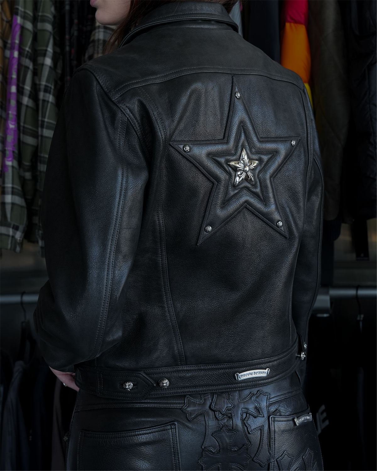 Star Embellished Leather Trucker Jacket