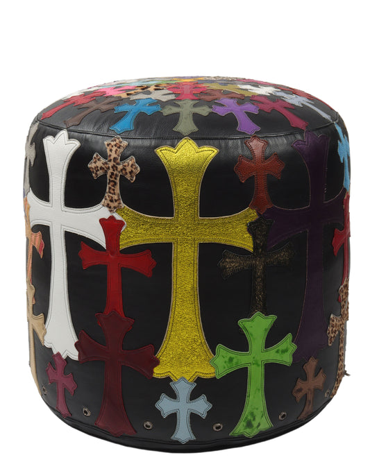 Leather Multicolor Cross Patch Stool