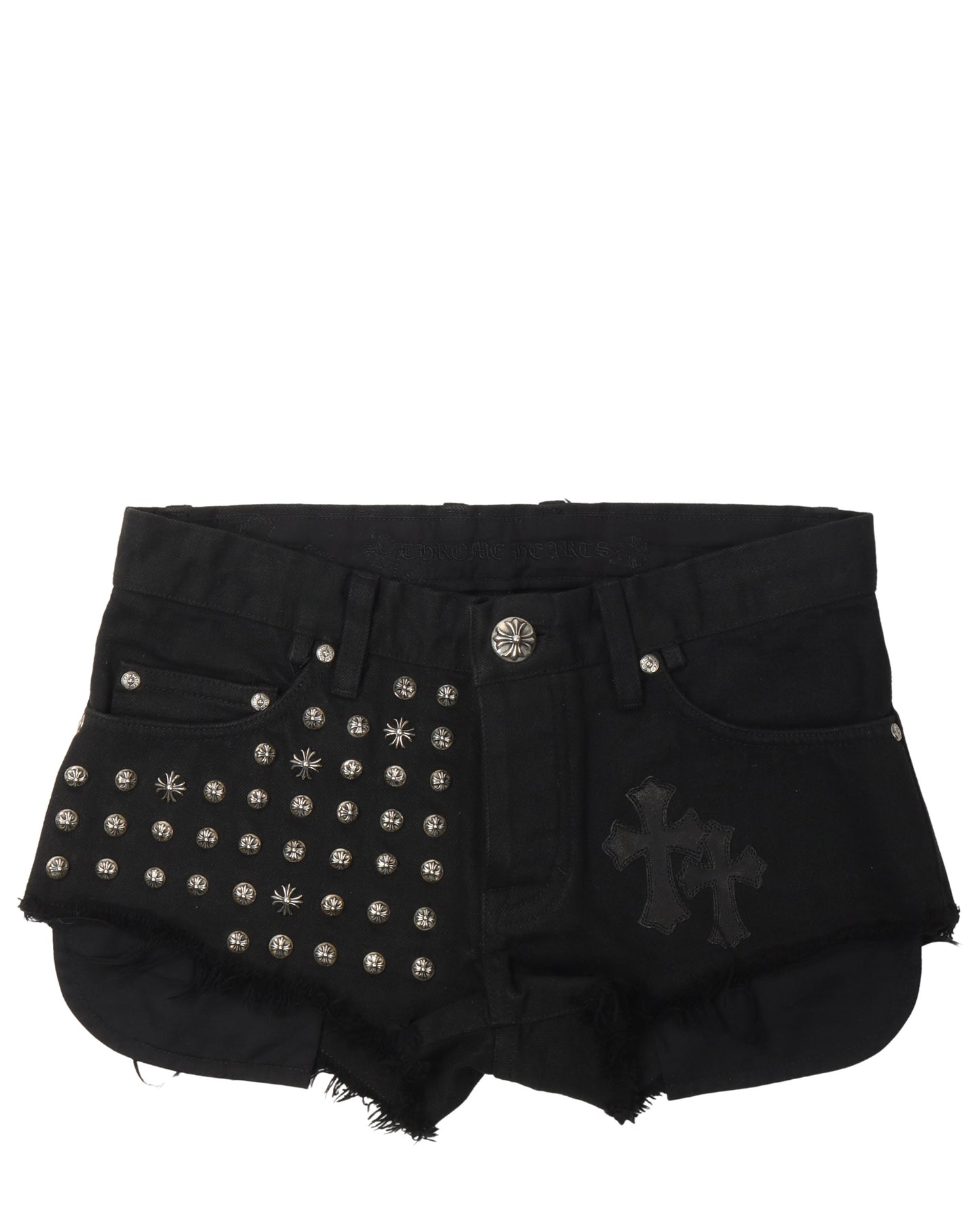 Studded Leather Cross Patch Denim Shorts