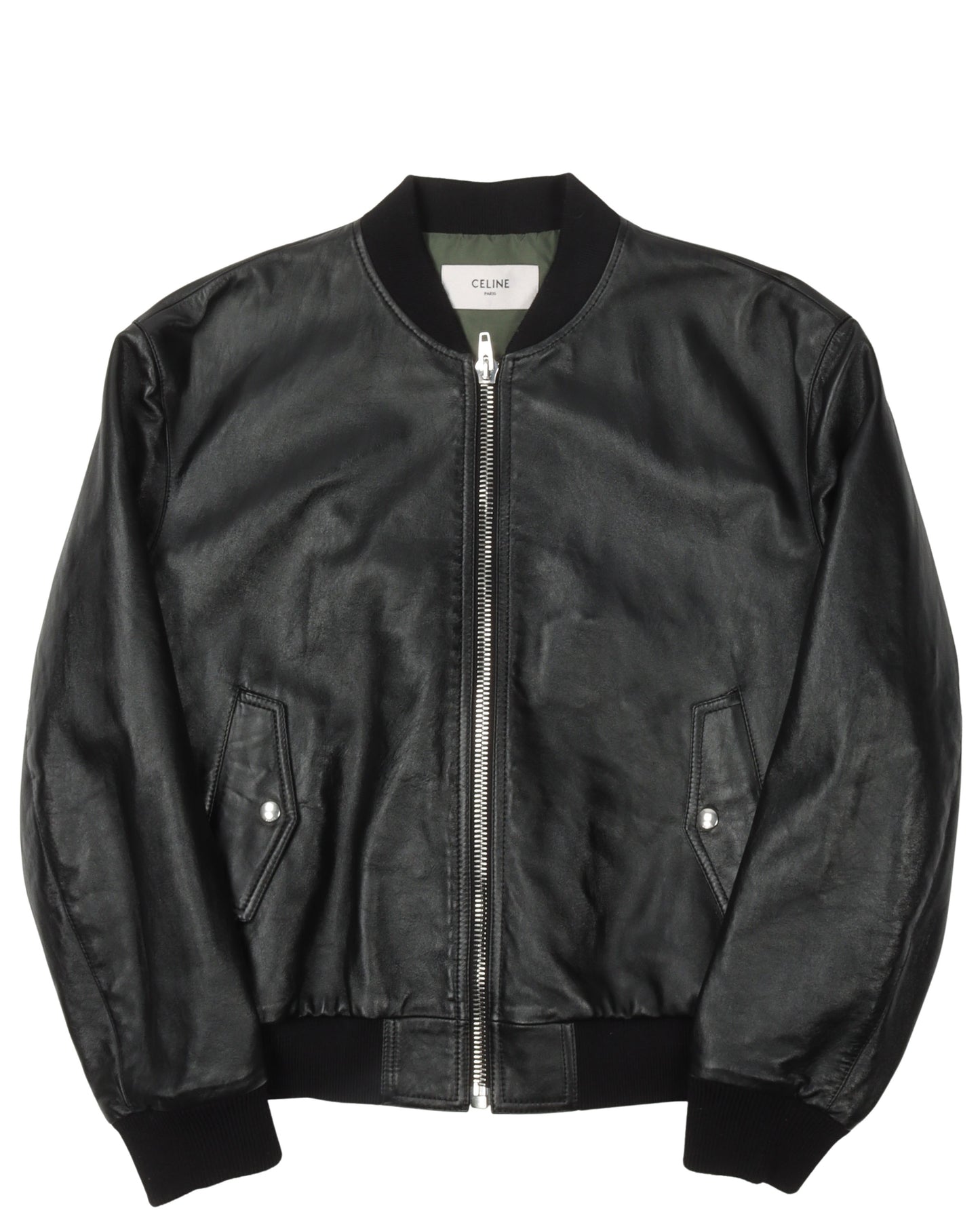 Embossed Logo Leather Bomber Jacket