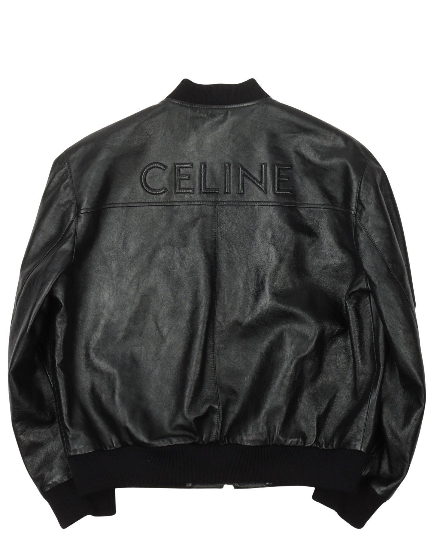 Embossed Logo Leather Bomber Jacket