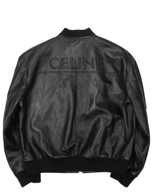 Embossed Logo Leather Bomber Jacket