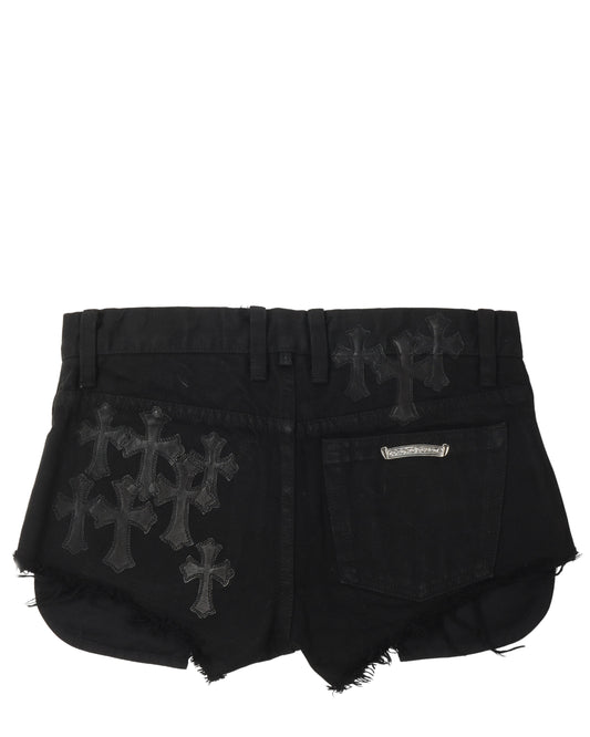 Studded Leather Cross Patch Denim Shorts