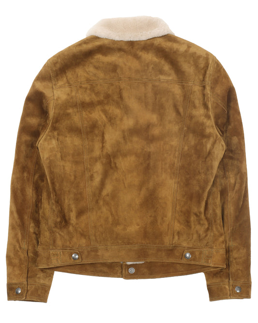 Brown Suede Shearling Trimmed Trucker Jacket