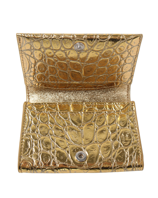 Laminated Crocodile Embossed Calfskin Gold Card Wallet
