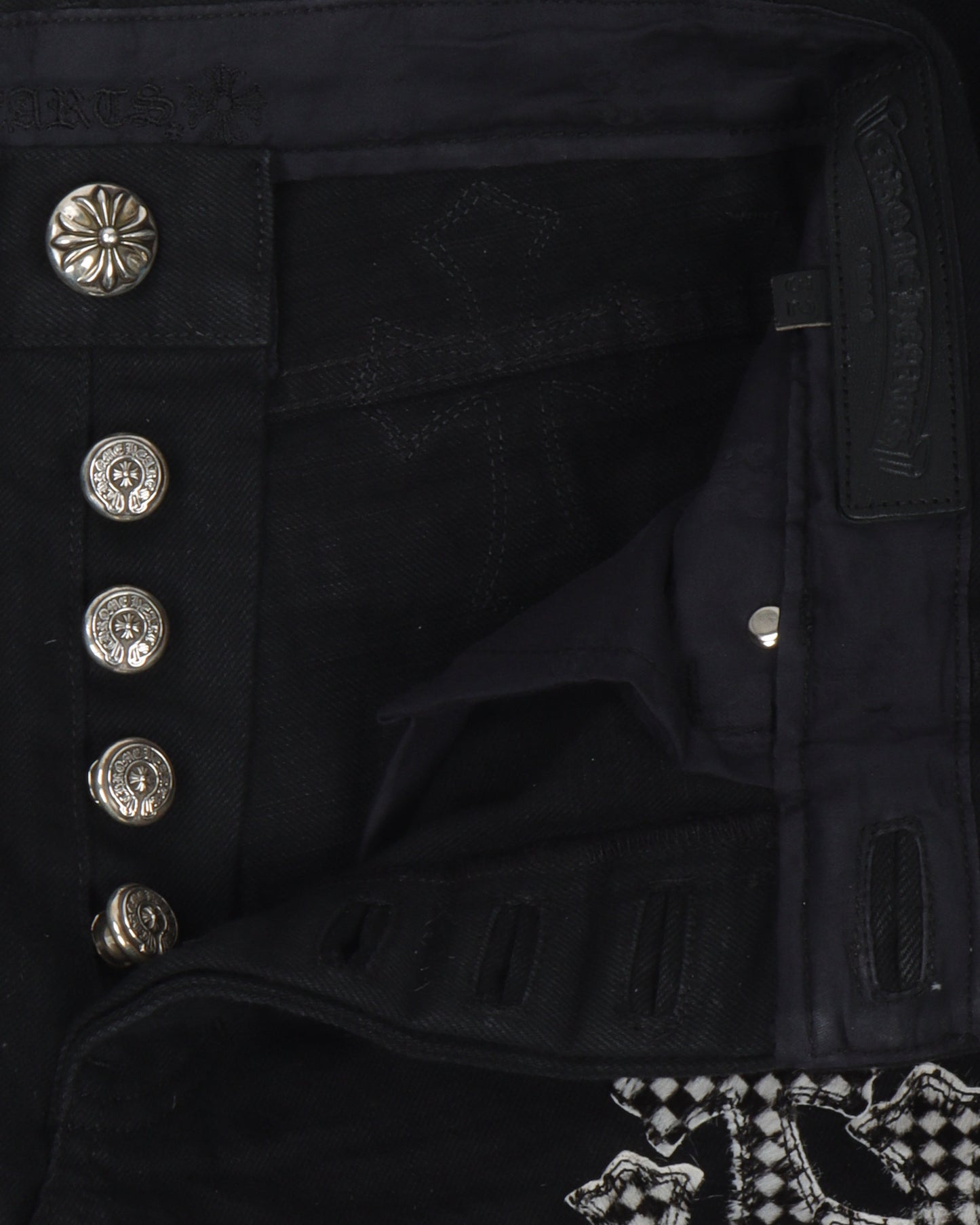 Checkered Cross Patch Fleur-Knee Jeans w/ 34 Cross Patches