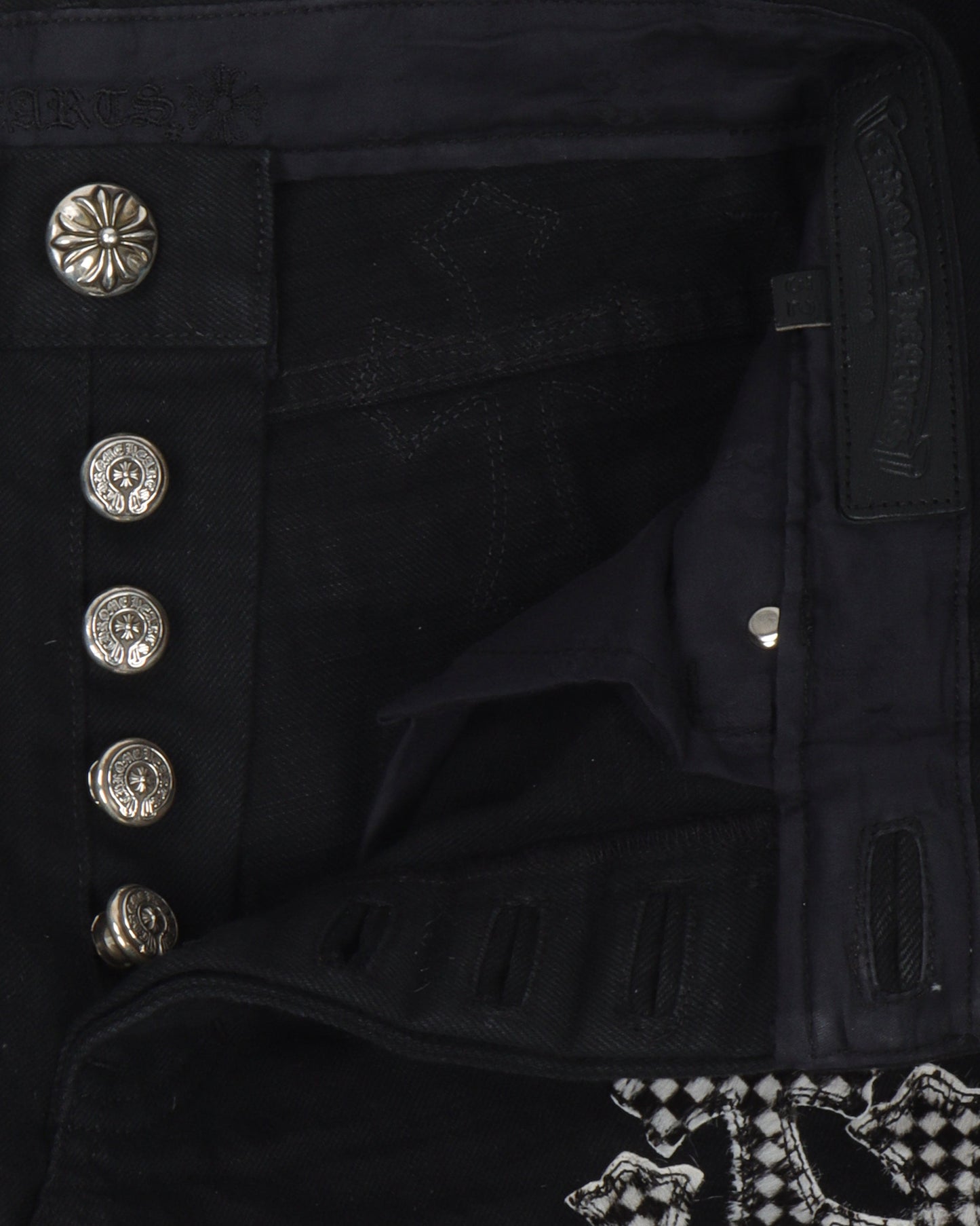 Checkered Cross Patch Fleur-Knee Jeans w/ 34 Cross Patches