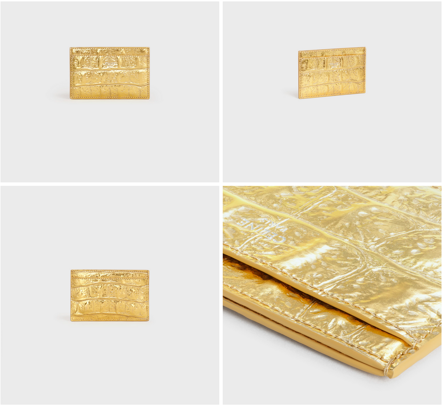 Laminated Crocodile Embossed Calfskin Gold Card Holder