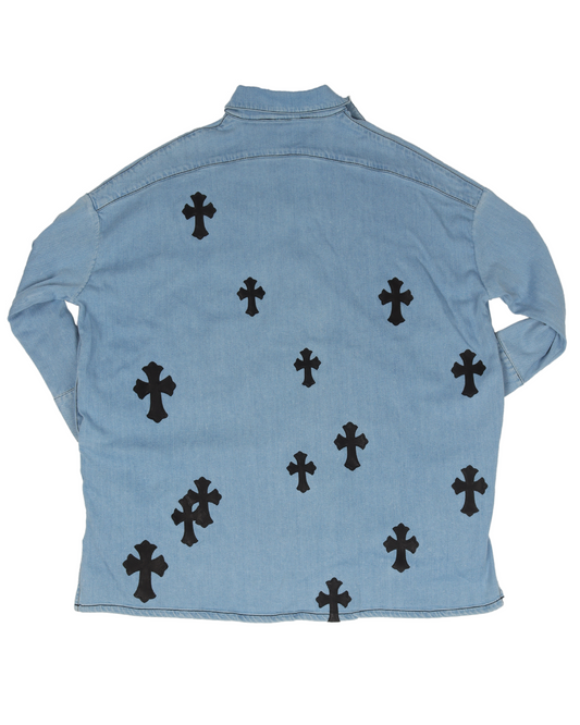 Sterling Silver Embellished Leather Cross Patch Denim Shirt