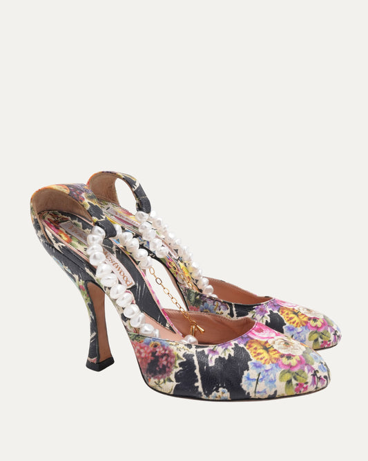 Pearl Embellished Floral Print Heels