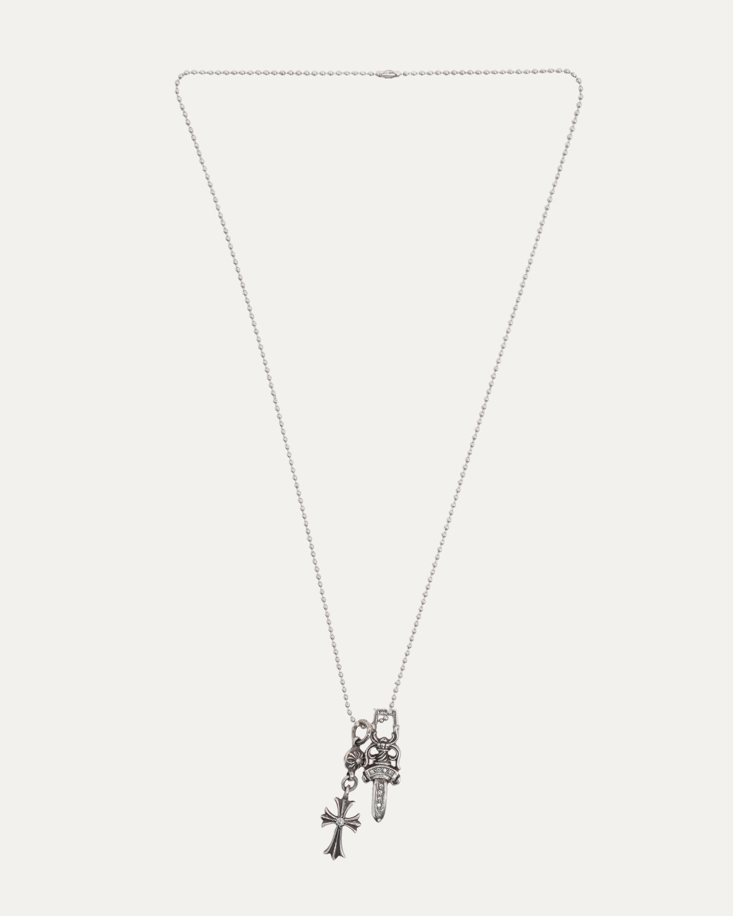 Diamond Dagger Pendant and Diamond Cross on Ball Chain Necklace