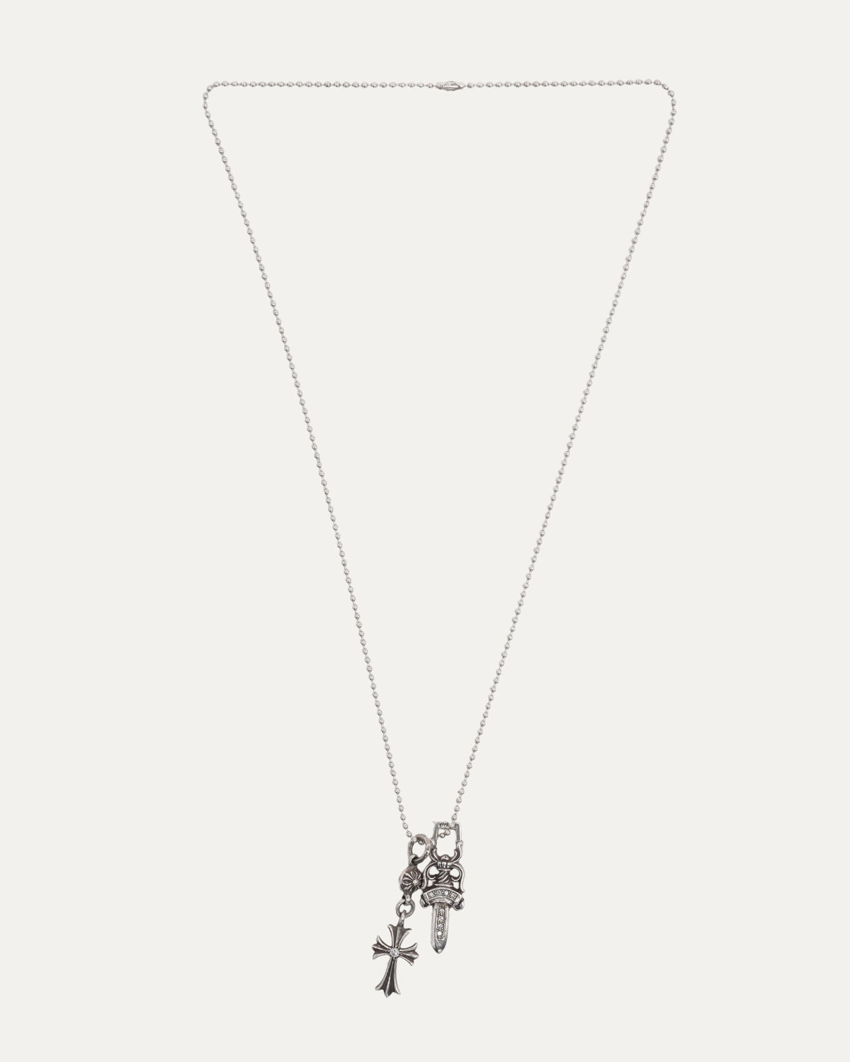 Diamond Dagger Pendant and Diamond Cross on Ball Chain Necklace