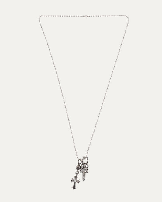 Diamond Dagger Pendant and Diamond Cross on Ball Chain Necklace