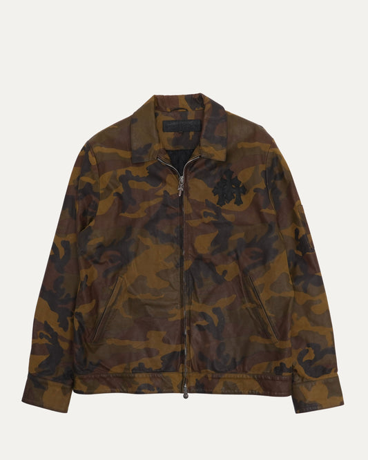Camouflage Cross Horseshoe Patch Leather Work Jacket