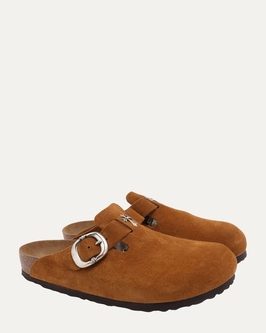 Cross Embellished Birkenstock Boston Suede Mule