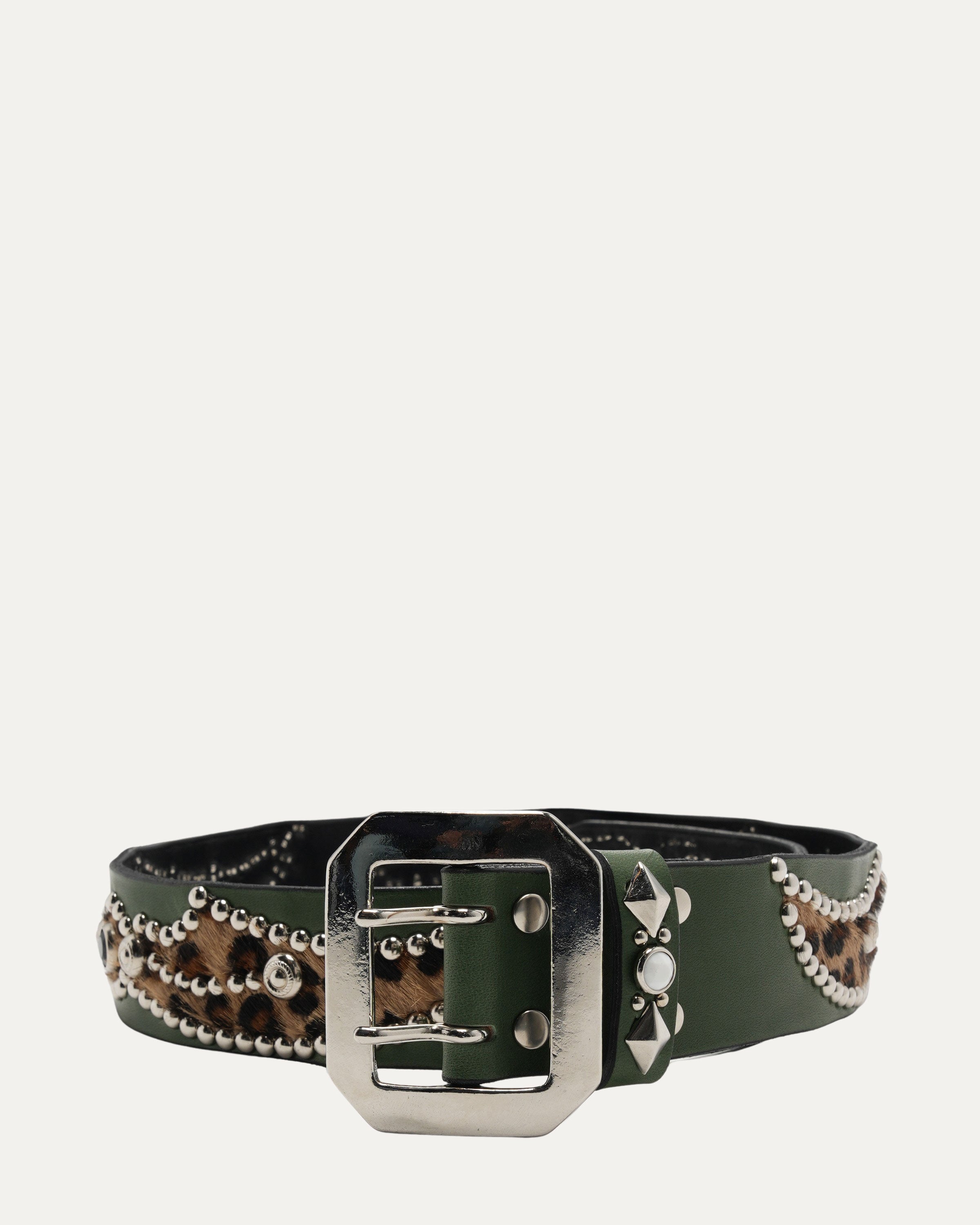 Studded Leather Leopard Hair Inlay Belt