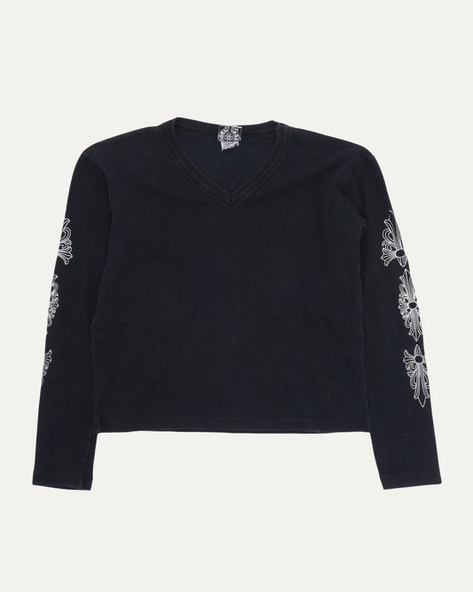 Vintage Women's Floral Cross V-Neck Long Sleeve T-Shirt