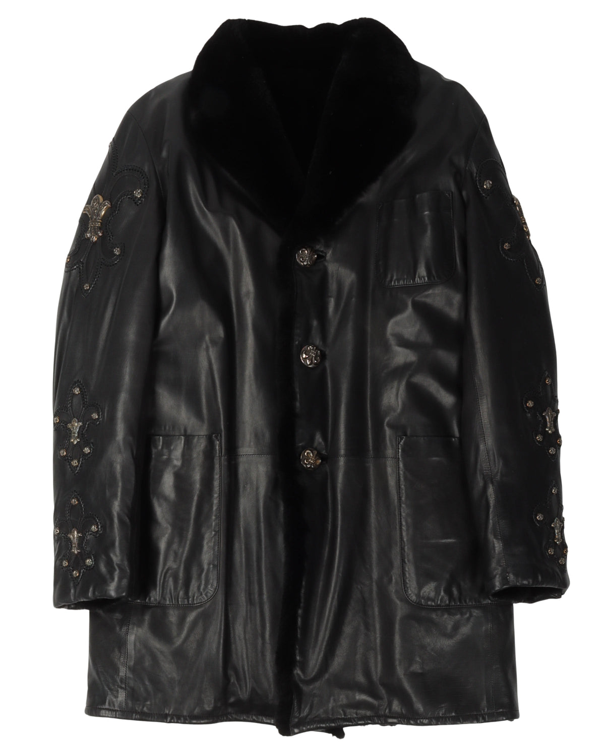 Mink Fur Leather Coat with Silver Fleur Embellishments